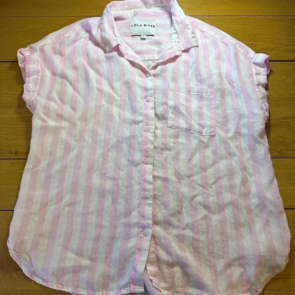Lola River pink white linen blend striped blouse large